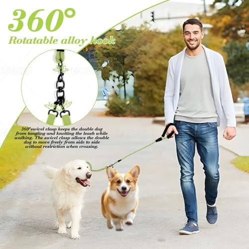 Dog Double Leashes,Rope Bungee Five Leash with Padded Handle Removable for 5 Dogs,Tangle-Free, Padded Handles, 360° Swivel Control (Green, 5 Way) - Image 2