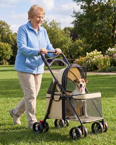 GTPLAYER Foldable Pet Stroller for Small Dogs and Cats, Holds Up to 33 lb, 4-Wheel Stroller with 2 Safety Tethers, Breathable Mesh, Lockable Front Wheels, Cup Holder/Tray & Storage Pocket, Cream - Image 5