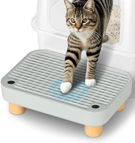 Litter Box Step, Litter Box Ramp/Catcher with Wooden Base, Anti-Tracking & Easy to Clean, Ideal for Small & Elderly Cats 11.8"x7.9"x3.6" (Gray) by Aothey