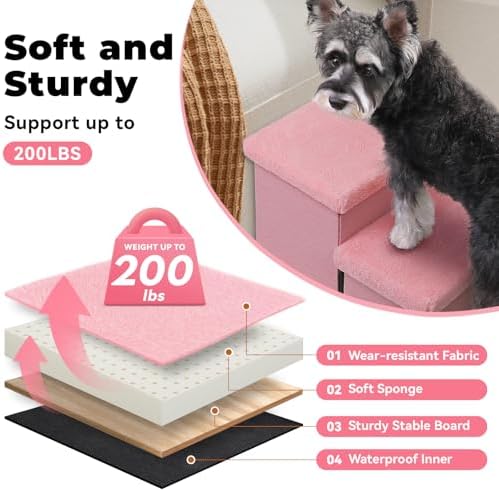 Zerbuger Dog Stairs with Storage, Pink Furry Lids 3 Steps Dog Ramp no Condo - Image 4