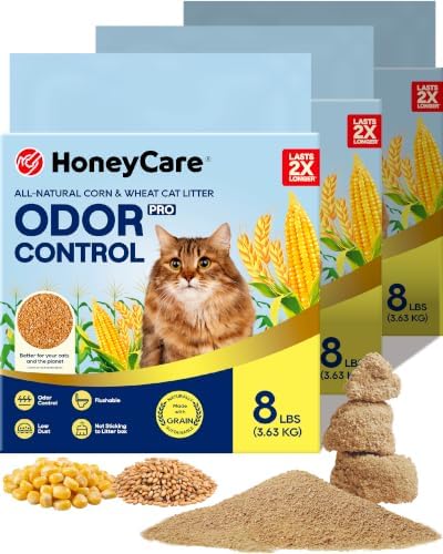 HONEY CARE All-Natural Corn & Wheat Clumping Cat Litter PRO, Flushable, Low Dust, Superior Odor Control, 24 lbs, 3-Pack by HoneyCare
