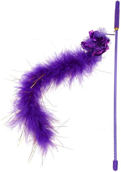 PETCTN Purple Cat Teasing Stick Toy - Interactive Stick with Sparkly Feather Boa & Crinkle Ball for Indoor Cat Training & Fun