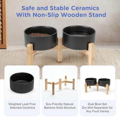 SPUNKYJUNKY Elevated Dog Bowls Ceramic, 6.1'' Dogs and Cat Food Water Bowls Raised with Non-Slip Bamboo Stand for Medium Sized Breed Microwave Dishwasher Safe - 28.7 OZ,Black - Image 6
