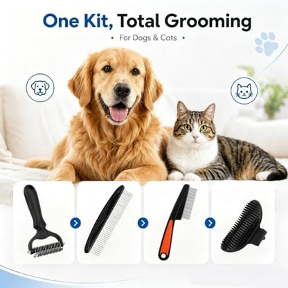 Double-Sided Pet Grooming Rake Set of 4, with Metal Comb Flea Comb Bath Brush for Long & Short Haired Pets to Effectively Remove Tangles, Knots and Mats - Image 7