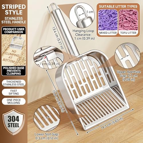 304 Stainless Steel Cat Litter Scoop with Striped Sifter, One-Piece Metal Kitty Shovel for Tofu & Mixed Litter, Rust-Proof Deep Sifter for Easy Home Maintenance - Image 4