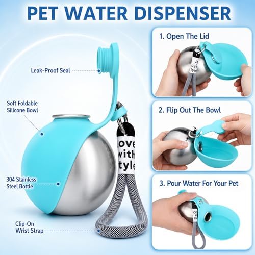2 in 1 Portable Tumbler for Dogs,Portable Dog Water Ball,10Oz Stainless Steel Dog Water Bottle with Silicone Foldable Bowl, Leak-Proof 2 in 1 Portable Small Dog Water Bottle for Walking - Image 6