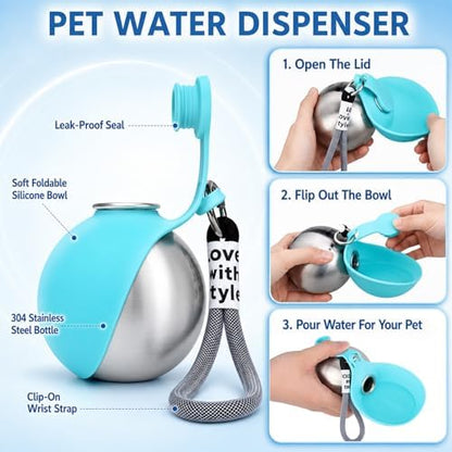 2 in 1 Portable Tumbler for Dogs,Portable Dog Water Ball,10Oz Stainless Steel Dog Water Bottle with Silicone Foldable Bowl, Leak-Proof 2 in 1 Portable Small Dog Water Bottle for Walking - Image 6