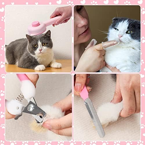 VCZONE 8 Pcs Cat Brush Grooming Kits, Pet Self Cleaning Kit with Pet Nail Clipper and File, Flea Comb, Pet Shampoo Bath Brush, Pet Shedding Brush, Silicone Toothbrush (Pink) - Image 3