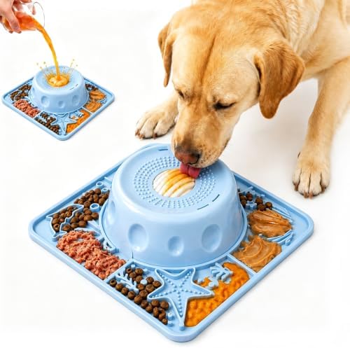 Dog Licking Slow Feeder Bowl with Rolling Ball Anti-Gulping, 2 in 1 Dog Non-Slip Lick Mat, Edible Silicone for Wet Food, Yogurt, Bone Broth, Nutrient Solution Blue by Unknown