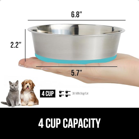 GORILLA GRIP Dog Bowl, Holds 4 Cups (32 fl oz), Food Grade 304 Stainless Steel Food and Water Bowl for Feeding Dogs and Cats, BPA Free Rubber Base, Easy Clean, Dishwasher Safe Rust Resistant Turquoise