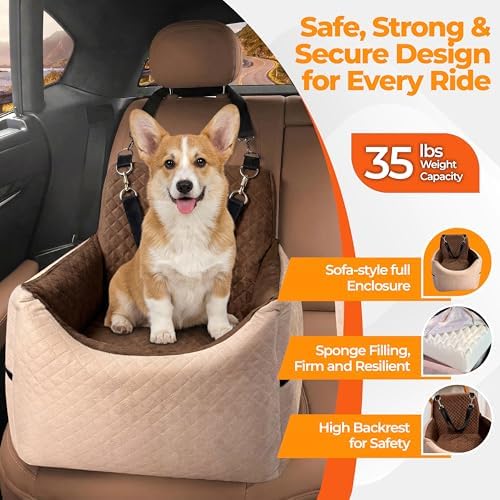 Dog Booster Seat for Small Dogs & Medium Sized Dog – Elevated Car Seat with Safety Leash, High Density Foam, Storage Pockets & Washable Cover – Up to 35 lbs for Puppies & Cats (Cream & Dark Brown) - Image 2