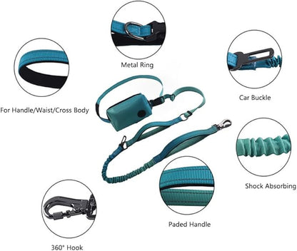 Hands Free Dog Leash for Large Medium Dogs Heavy Duty Bungee Reflective Adjustable Waist Leashes for Walking Running with Zipper Pouch 6-9FT (Green with 6-9FT)