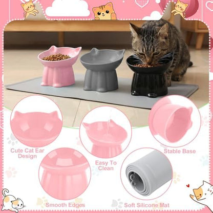 3 Pcs Elevated Cat Bowls 15°Raised Cat Food Bowl with Silicone Mat Grey - Image 3