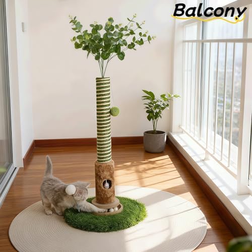 Cat Scratching Post, Two Tone Tall Sisal Scratch Pole For Indoor Cats,Artificial Turf Base Cat Tower With Hanging Toy,Double Ball Track & Simulated Mouse Hole,Strong Post For Kittens/Cats (35 in Post) - Image 3