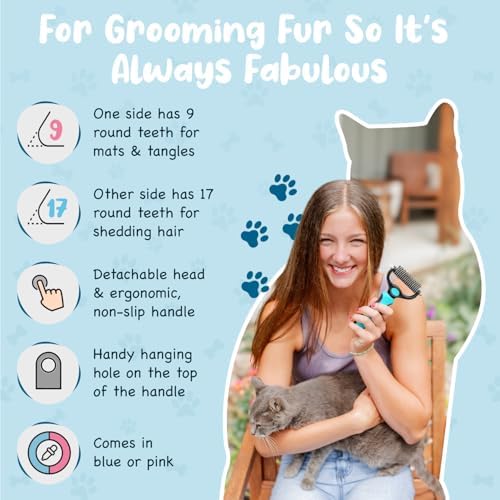 Sinko Shedding Brush For Dog and Cat, Undercoat Rake with Extra Wide Double-Sided Stainless Teeth for Detangling, Deshedding, Brushing & Removing Shed Fur, Knots, Mats, and Tangles in Pets (Blue) - Image 3