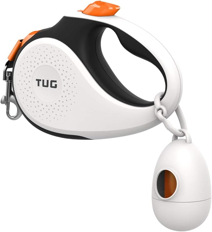 TUG 360° Tangle-Free Retractable Dog Leash with Waste Bag Dispenser (Large, White/Orange)