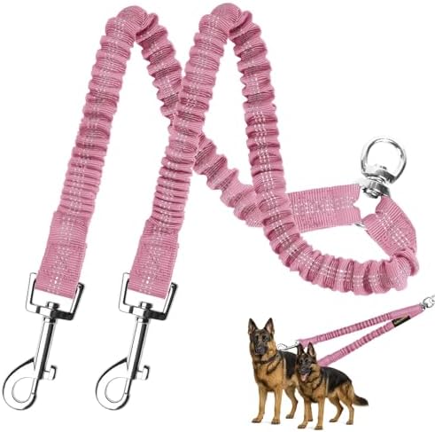 MingXpet 2 Dog Leash, Dog Leash for 2 Dogs, 360° Swivel No Tangle Double Walking Training Leashes for Large Dogs that Pull, Comfortable Shock Absorbing Reflective Bungee, Pink by MingXpets