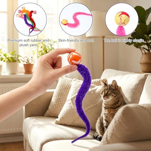 6 Pcs Cat Ball Toy Interactive Cats Bouncy Ball-Colorful Worm with Ball-Toy Mixed Bouncy Balls Rainbow Fuzzy Worm Weasel Balls for Indoor Cats(Multicolor) - Image 5