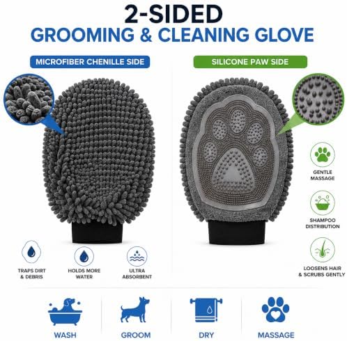 2-in-1 Dog Washing Glove, Silicone Bath Scrubber & Chenille Pet Towel, Dog Bath Glove for Bathing, Grooming & Hair Removal - Image 2