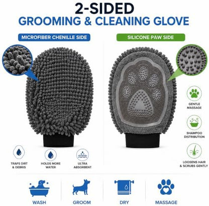 2-in-1 Dog Washing Glove, Silicone Bath Scrubber & Chenille Pet Towel, Dog Bath Glove for Bathing, Grooming & Hair Removal - Image 2