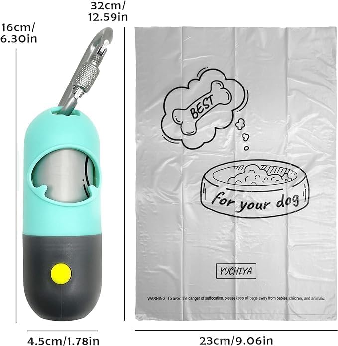 Dog Poop Bags Holder with LED Flashlight|Pet Waste Bags Dispenser for Leash|Doggie Potty Bags Container with Leak-proof Pet Trash Bags and Accessories (1 Holder 15 Bags, Mint Green) - Image 6