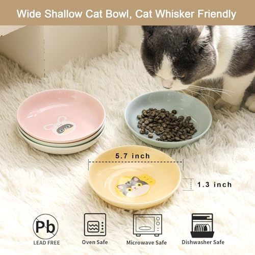 Ceramic Cat Bowls Set - 5.7 inch Cat Food Bowls Whisker Fatigue Friendly, 5 Wide Cats Plates for Wet Food Dry Food Water - Image 3