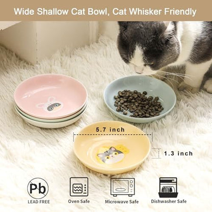Ceramic Cat Bowls Set - 5.7 inch Cat Food Bowls Whisker Fatigue Friendly, 5 Wide Cats Plates for Wet Food Dry Food Water - Image 3