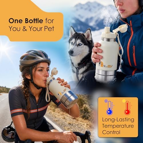 Dog Water Bottle Portable (32Oz) Double-Wall Insulated Stainless Steel with 2 Removable Bowls - Leak-Proof Dog Travel Water Bottle with One-Hand Open Lid for Walking, Hiking & Travel (White) - Image 6