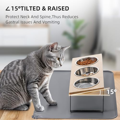 Upgraded Elevated Cat Bowls with Food Mat,15°Tilted Stand Anti Vomiting Raised Cat Dishes for Food and Water,3 Stainless Steel Bowls for Cats and Puppy - Image 3