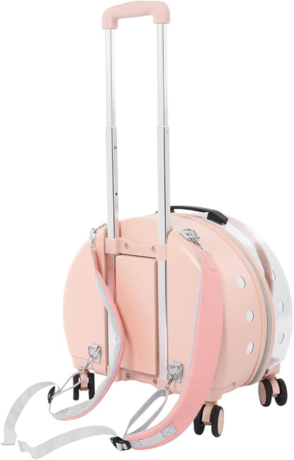 Transparent Bubble Pet Carrier with Wheels, Breathable Cat Dog Travel Carrier with 3-Stage Handle & Removable Strap, Portable Trolley Case with Ventilation for Small Dogs & Cats (Light Pink)