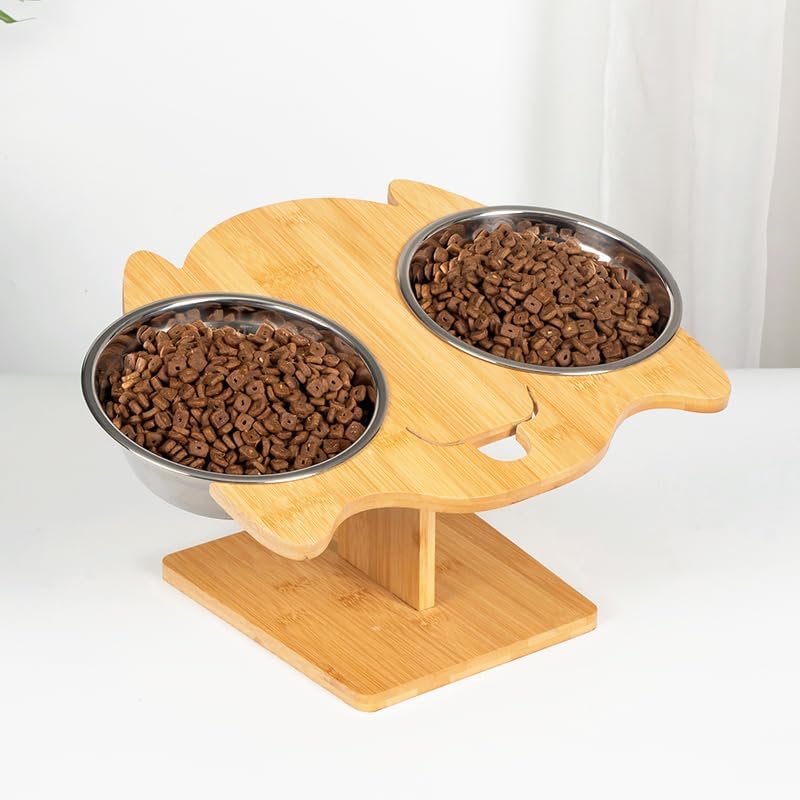 Elevated Cat and Dog Bowl Set – Dual Stainless Steel Bowls with Bamboo Animal-Shaped Stand, Raised Pet Feeder for Medium Dog Small Puppy and Cats to Reduce Neck Strain & Improve Digestion - Image 5