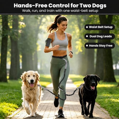 Hands Free Double Dog Leash, 4 Reflective Padded Handles, Adjustable Waist Belt 27-51", Shock-Absorbing Bungee, 360° Swivel Clips, for Small, Medium & Large Dogs, Walking Jogging Running - Image 3