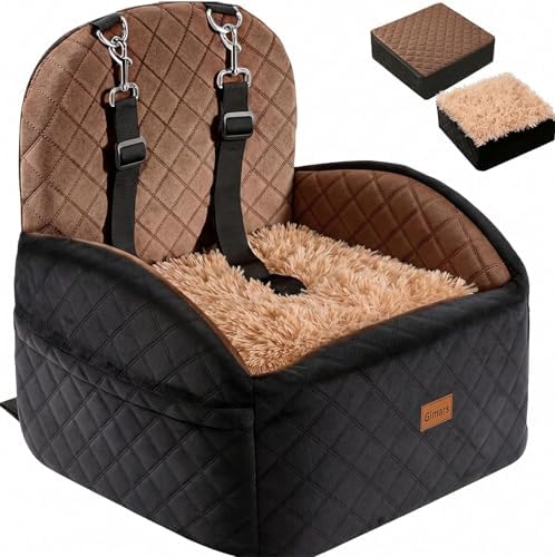 Gimars Reversible Dog Car Seat with Long&Short Plush Seat Cushion for Small/Medium Dogs Up to 40lbs, Detachable Washable Anti-Slip Dog Booster Seat with 5.9'' 28D Egg-Crate Foam Safety Belt, S​-Brown by Gimars