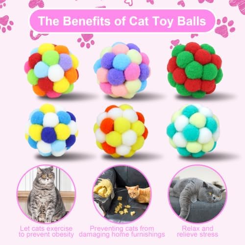 Cat Toys Balls 6 Pieces with Bells 5cm Soft Cat Pom Poms Balls Cats Interactive Ball Toy for Cats Kitten Indoor Outdoor Playing Chewing Scratching (Cat Ball Set 2) - Image 4