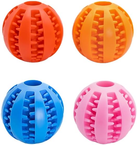4 Pcs Non-Toxic Rubber Dog Toy Ball, 2.75 inch Durable & Tough Rubber Dog Treat Dispensing Puzzle Ball Chew Toy & IQ Training Toy for Small & Medium Sized Dogs (Red, Orange, Blue, Pink)