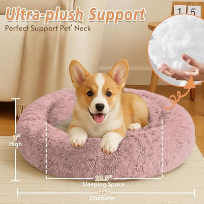 JOLLYVOGUE Calming Dog Beds Large Sized Dog, 36in Donut Washable Large Pet Bed, Anti-Slip & Anti-Anxiety Fluffy Faux Fur Round Dogs Bed, Fits up to 80 lbs Pets (Dark Pink) - Image 5