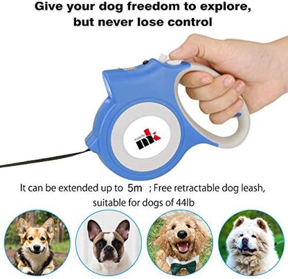 Retractable Dog Leash with LED Light Makife 5m Extendable Dog Lead for Small Medium Puppis up to 25kgs, One-Hand Brake & Lock System, Ergonomic Handle - Blue - Image 2