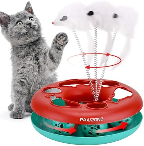 Pawzone Cat Toys, Cat Toys for Indoor Cats,Interactive Kitten Toys Roller Tracks with Catnip Spring Pet Toy with Exercise Balls Teaser Mouse (red) by Pawzone