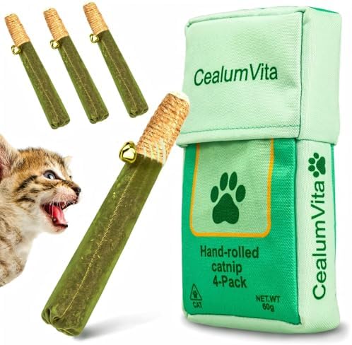 4-Pack Catnip Toys for Cats - Hand-Rolled with Hemp Rope & Bell Safe Teething Fun + Stress Relief Toys for Indoor Cats & Multi-Kitten Homes (Green) by CealumVita