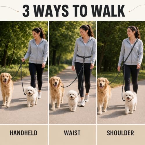Tallew Double Dog Leash No Tangle 360° Swivel Dual Dog Walking Leash, 3-in-1 Adjustable Waist Belt with Shock Absorbing Reflective Bungee for Training, Running and Walking(18-120 Lbs, Black) - Image 4
