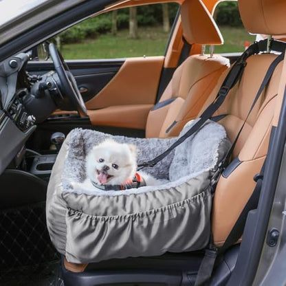 Oiilores Dog Car Seat for Small Dogs, Washable Pet Booster Seats with Clip-On Safety Leash, Comfy Deluxe Plush Carseat with Pockets, Puppy Car Travel Carrier Bed for Dogs Under 25 lbs, Light Grey - Image 2