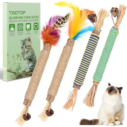 TINDTOP Catnip Chew Toys for Cats, 4 Pack Natural Silvervine Sticks for Kittens Teeth Cleaning, Matatabi Dental Care, Increase Appetite, Aggressive Chewers Cat Dental Toy by TINDTOP