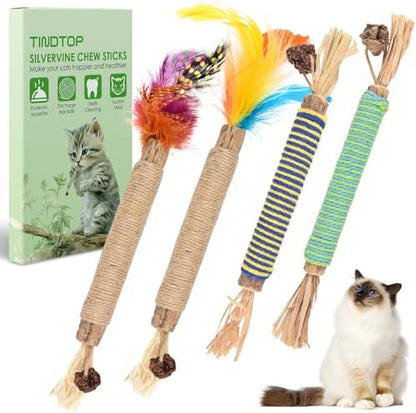TINDTOP Catnip Chew Toys for Cats, 4 Pack Natural Silvervine Sticks for Kittens Teeth Cleaning, Matatabi Dental Care, Increase Appetite, Aggressive Chewers Cat Dental Toy by TINDTOP