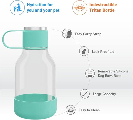 Asobu Buddy Bottle a Stainless Steel Insulated Water Bottle for with Removable Dog Water Bowl and Dog Food and Treat Storage Bowl (Green, Tritan 50 oz Water Bottle with Bowl)