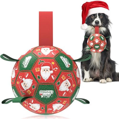 QDAN Christmas Dog Balls with Straps, Soccer Ball for Dogs for Small Medium Pet, Interactive Rope Toys, Puppy Birthday Gifts (6 Inch) by QDAN