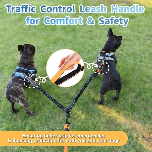 Double Dogs Leash - Removable Main Lead Rope with Splitter, No Tangle 2 Dog Coupler, Reflective No Pull Bungee, 3 Handle, D-Ring, Extra Long for Walk Train Medium Large Two Pet (Orange) - Image 4