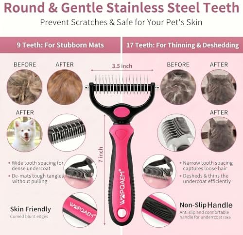 5-in-1 Dog Grooming Kit with Self Cleaning Brush & Rake, Pink - Image 3