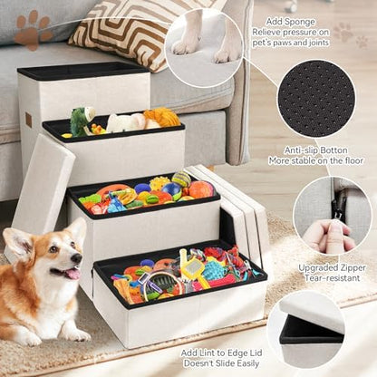 Zerbuger Dog Stairs with Storage, Beige 4 Steps Dog Ramp with Condo for Bed - Image 5