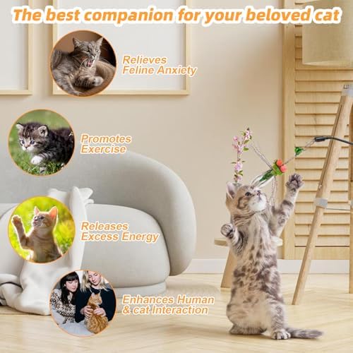 Cat Insect Feather Toys Replacement Cat Toy Wand Refills, 6 Pieces Natural Insect Cat Toy Feathers Refill, Interactive Cat Teaser Wand Attachments, with Bell(Style 8) - Image 4