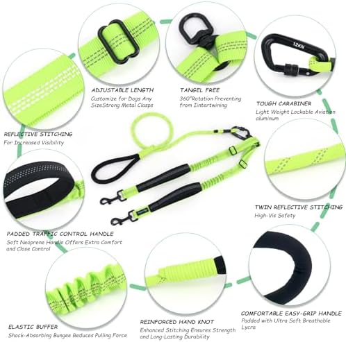 Double Dog Leash No Tangle – Dual Dog Leash for 2 Dogs with Shock Absorbing Bungee, 360° Swivel, Reflective Safety, Heavy Duty for Medium & Large Dogs (Neon Green) - Image 2